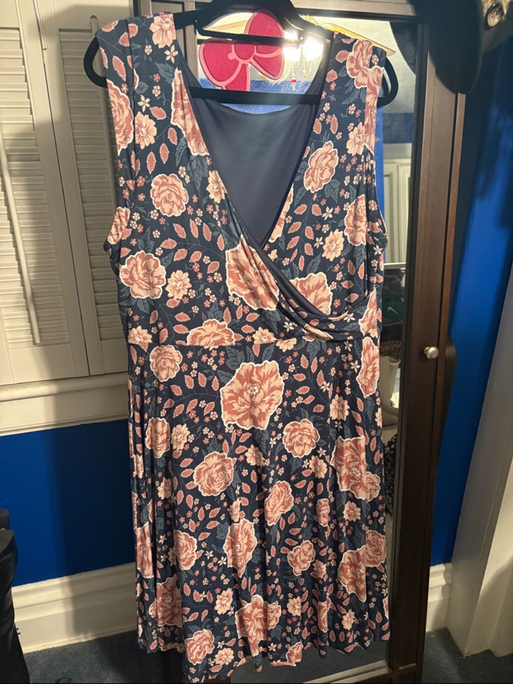 LOFT Navy Midi Wrap Dress with Pink Floral Print